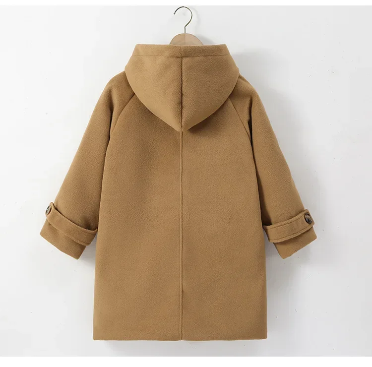 Winter Warm Wool Duffle Coat for Girls Hooded Mid Length Horn Toggle Button Windproof Casual Daily Outer Overcoat 2-14Y Teen