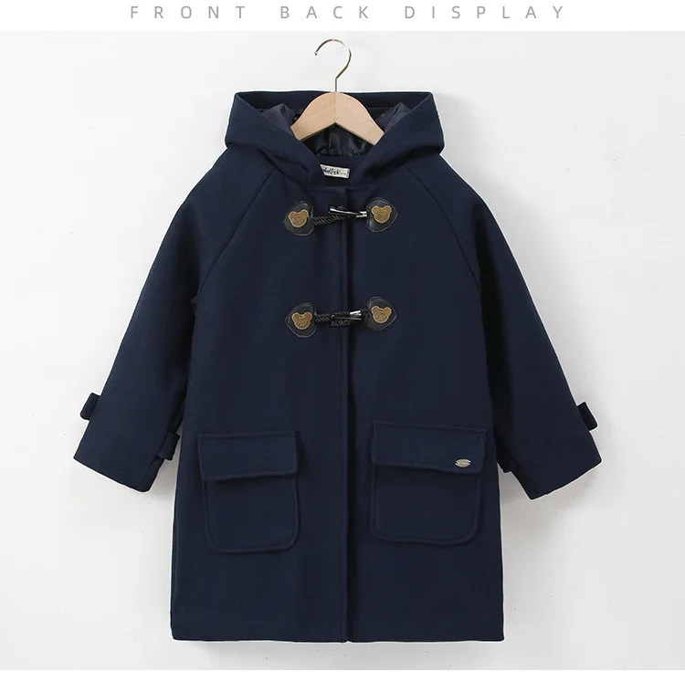 Winter Warm Wool Duffle Coat for Girls Hooded Mid Length Horn Toggle Button Windproof Casual Daily Outer Overcoat 2-14Y Teen