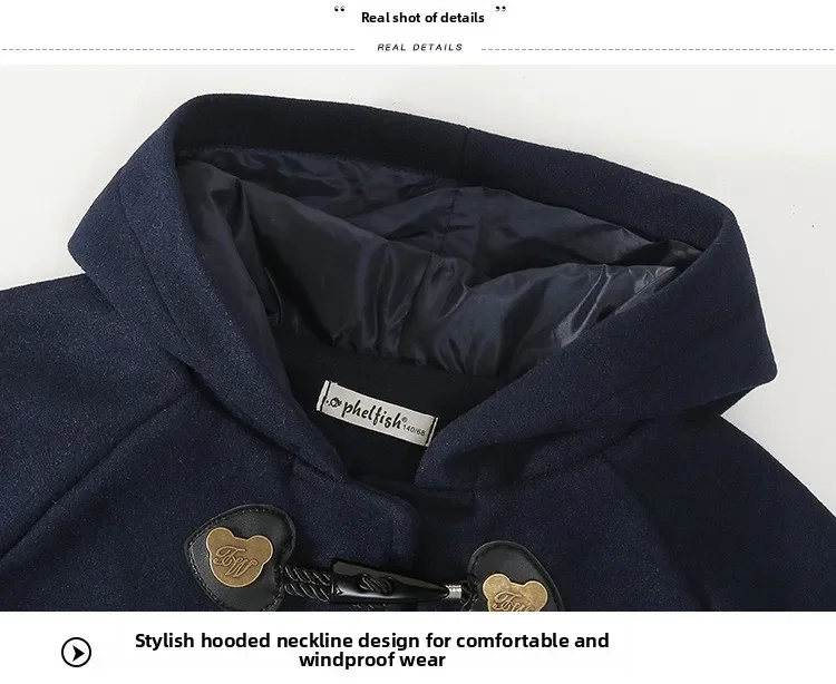Winter Warm Wool Duffle Coat for Girls Hooded Mid Length Horn Toggle Button Windproof Casual Daily Outer Overcoat 2-14Y Teen