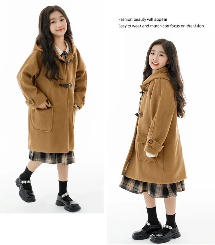 Winter Warm Wool Duffle Coat for Girls Hooded Mid Length Horn Toggle Button Windproof Casual Daily Outer Overcoat 2-14Y Teen