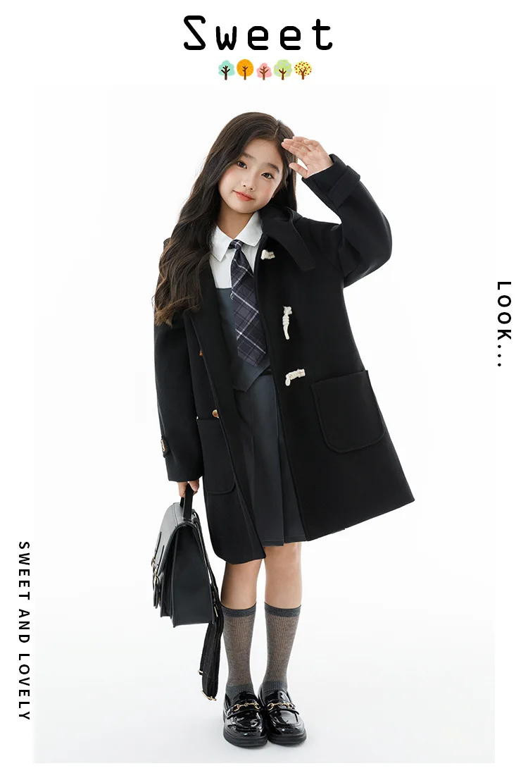 Winter Warm Wool Duffle Coat for Girls Hooded Mid Length Horn Toggle Button Windproof Casual Daily Outer Overcoat 2-14Y Teen