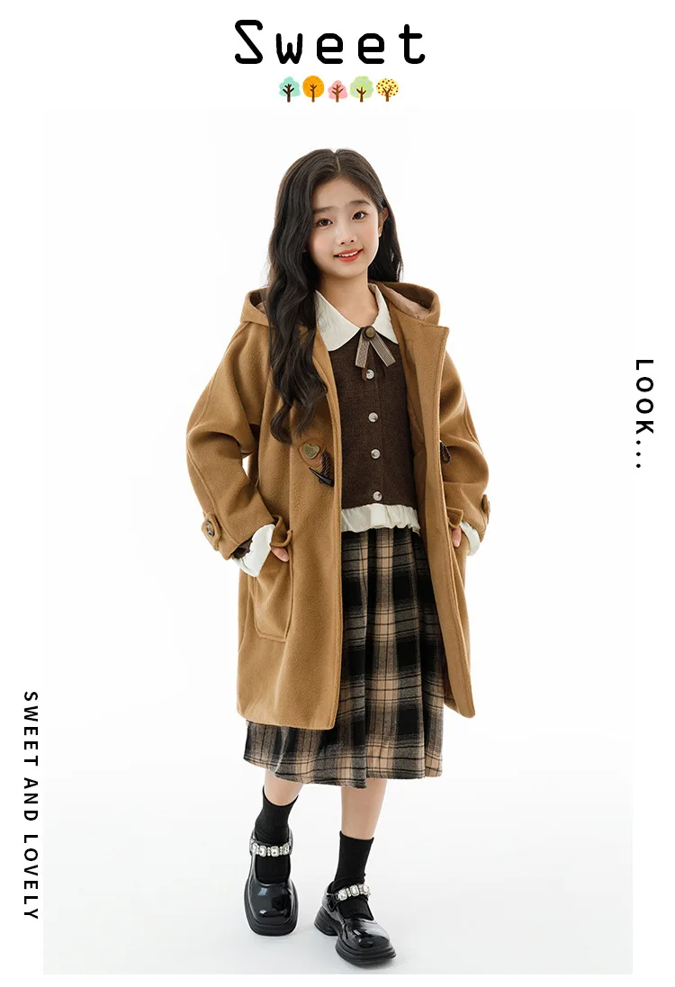 Winter Warm Wool Duffle Coat for Girls Hooded Mid Length Horn Toggle Button Windproof Casual Daily Outer Overcoat 2-14Y Teen