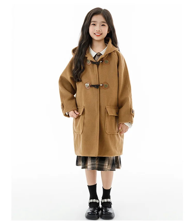 Winter Warm Wool Duffle Coat for Girls Hooded Mid Length Horn Toggle Button Windproof Casual Daily Outer Overcoat 2-14Y Teen