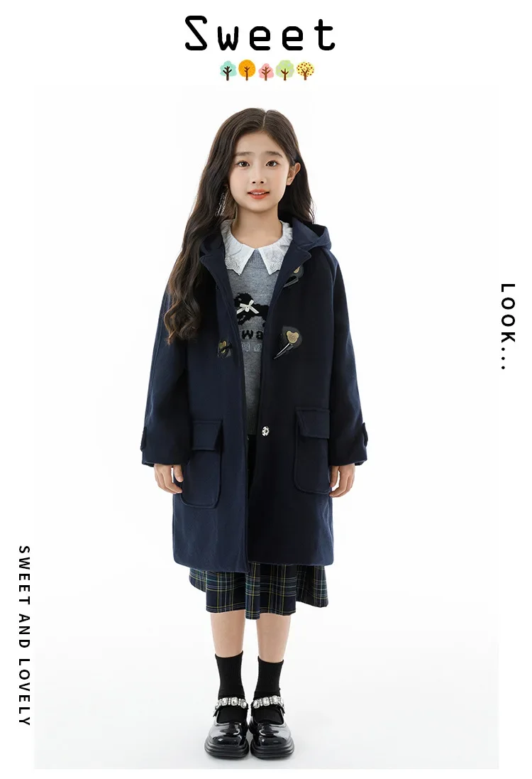 Winter Warm Wool Duffle Coat for Girls Hooded Mid Length Horn Toggle Button Windproof Casual Daily Outer Overcoat 2-14Y Teen