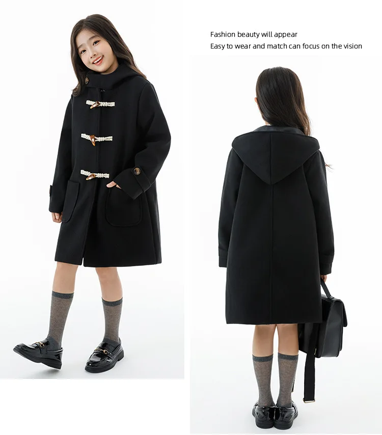 Winter Warm Wool Duffle Coat for Girls Hooded Mid Length Horn Toggle Button Windproof Casual Daily Outer Overcoat 2-14Y Teen