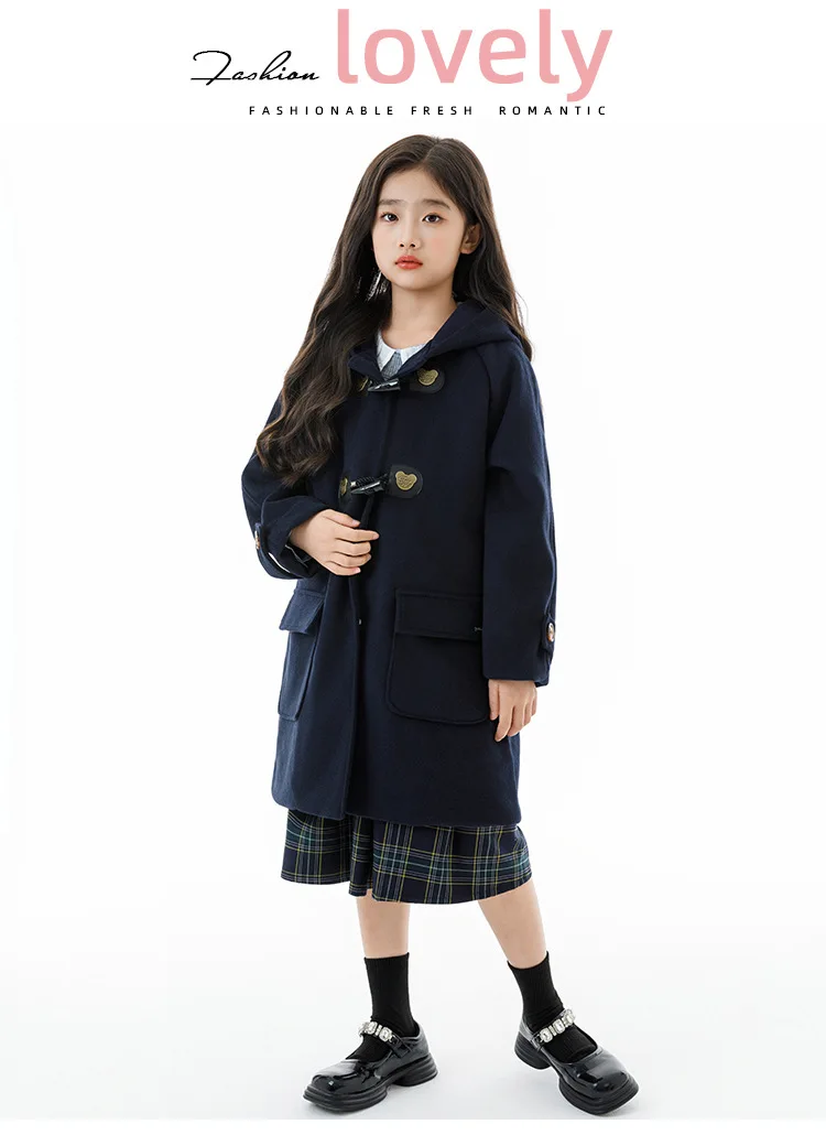 Winter Warm Wool Duffle Coat for Girls Hooded Mid Length Horn Toggle Button Windproof Casual Daily Outer Overcoat 2-14Y Teen