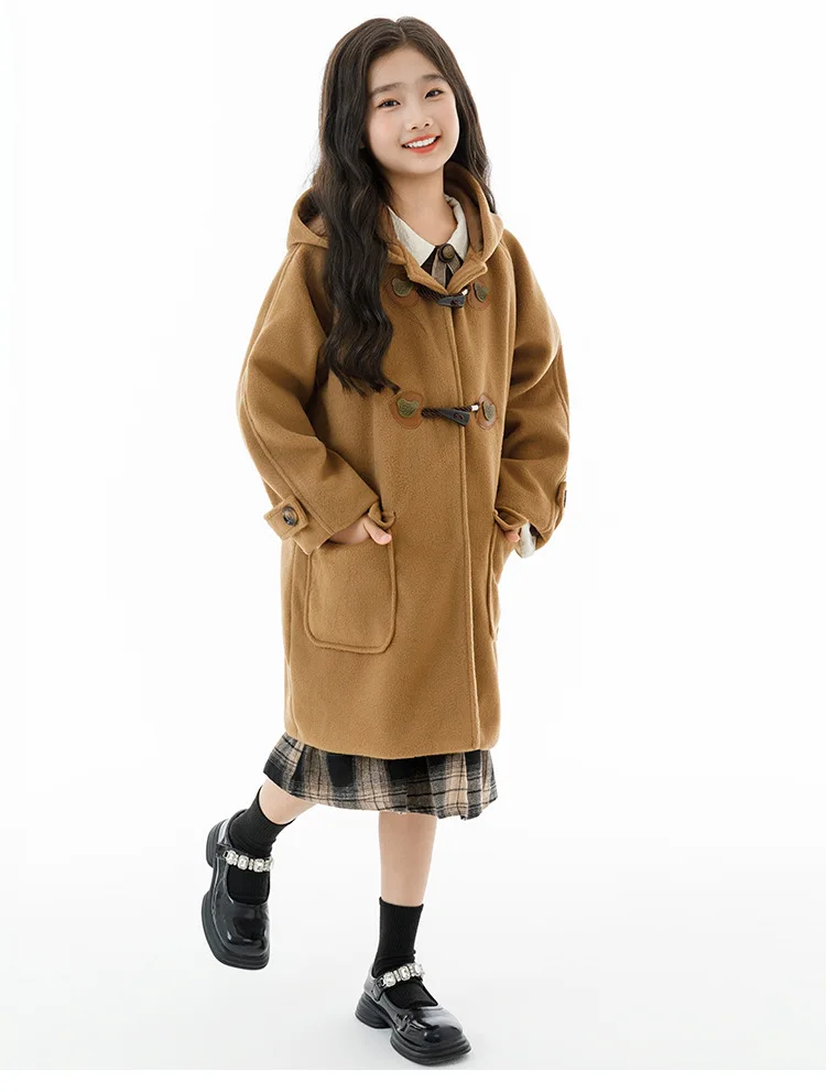 Winter Warm Wool Duffle Coat for Girls Hooded Mid Length Horn Toggle Button Windproof Casual Daily Outer Overcoat 2-14Y Teen