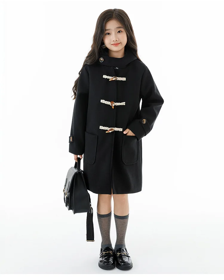Winter Warm Wool Duffle Coat for Girls Hooded Mid Length Horn Toggle Button Windproof Casual Daily Outer Overcoat 2-14Y Teen