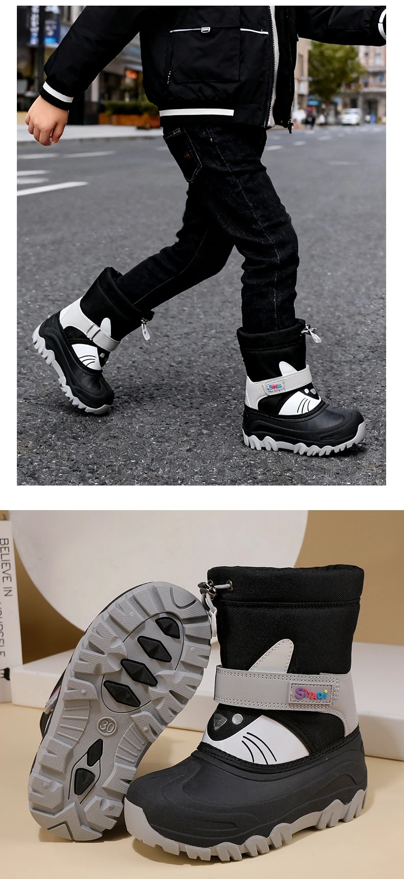 Winter Kids Snow Boots Cartoon Cat Print Waterproof Upper Non-Slip Sole Thick Warm Plush Baby Boys Girls Cold Weather Shoes