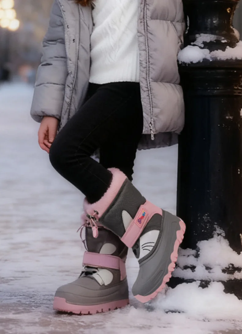 Winter Kids Snow Boots Cartoon Cat Print Waterproof Upper Non-Slip Sole Thick Warm Plush Baby Boys Girls Cold Weather Shoes