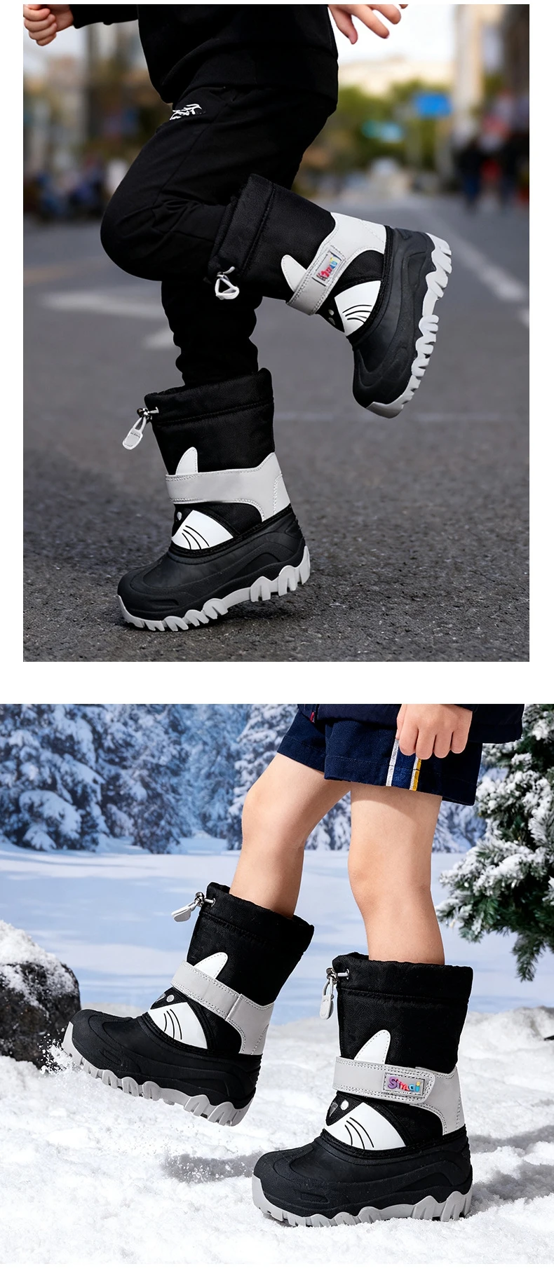 Winter Kids Snow Boots Cartoon Cat Print Waterproof Upper Non-Slip Sole Thick Warm Plush Baby Boys Girls Cold Weather Shoes