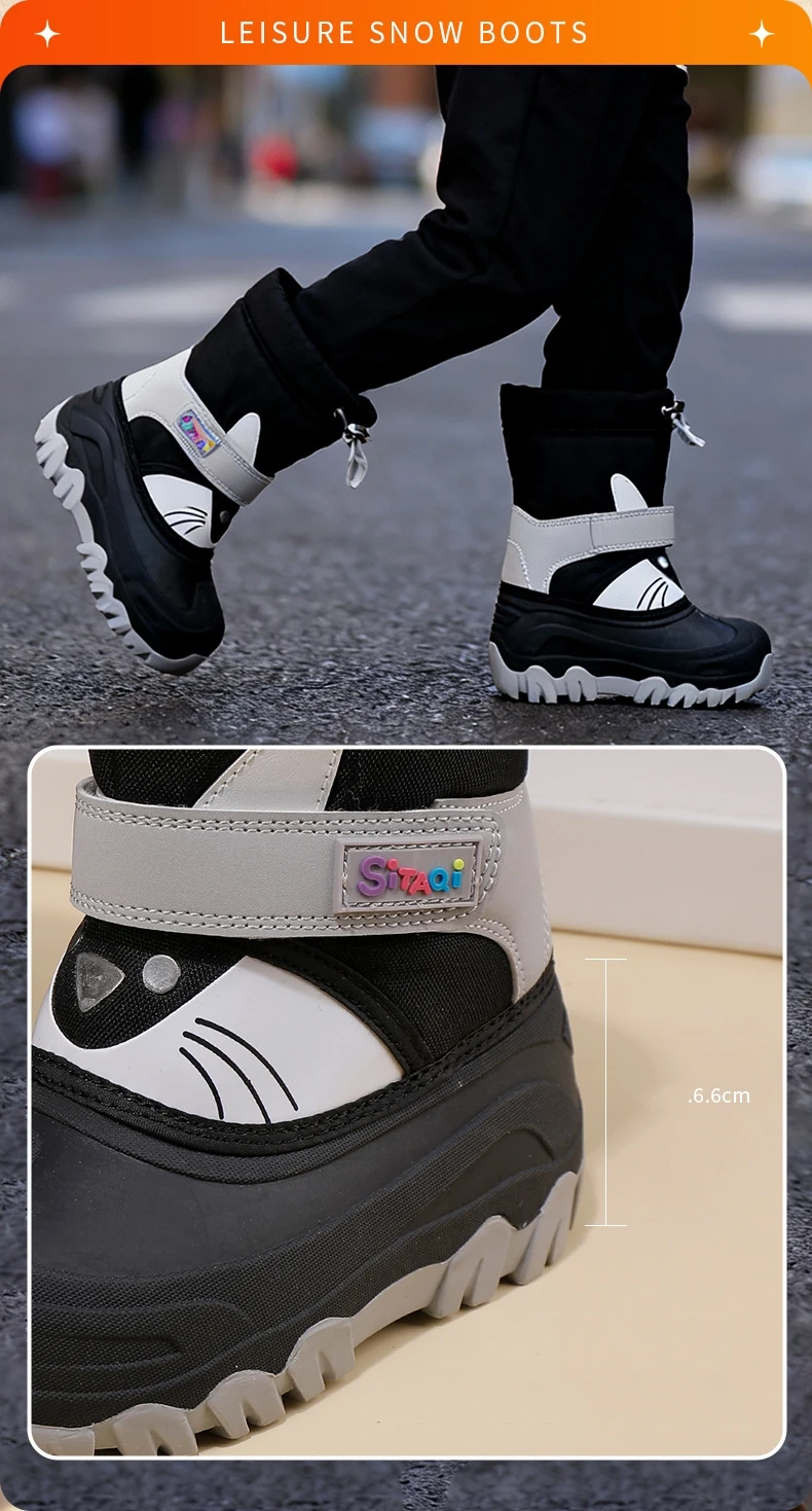 Winter Kids Snow Boots Cartoon Cat Print Waterproof Upper Non-Slip Sole Thick Warm Plush Baby Boys Girls Cold Weather Shoes