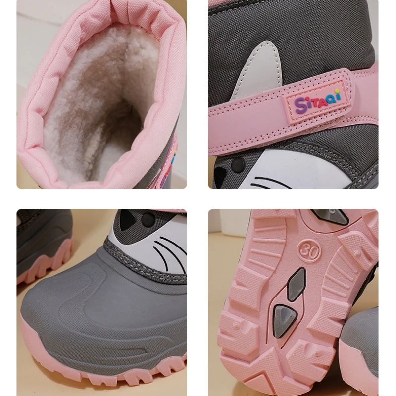 Winter Kids Snow Boots Cartoon Cat Print Waterproof Upper Non-Slip Sole Thick Warm Plush Baby Boys Girls Cold Weather Shoes