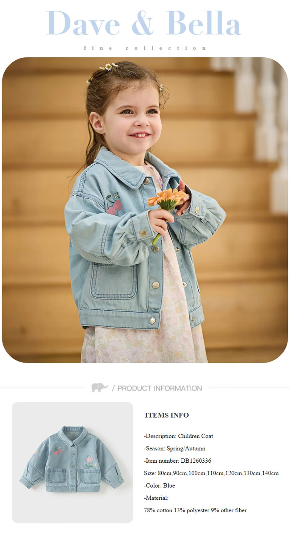 Dave Bella Children Denim Jacket Autumn Spring Girl Long Sleeve Cowboy Coat Baby Fashion Casual Outerwear Kids Clothes DB1260336