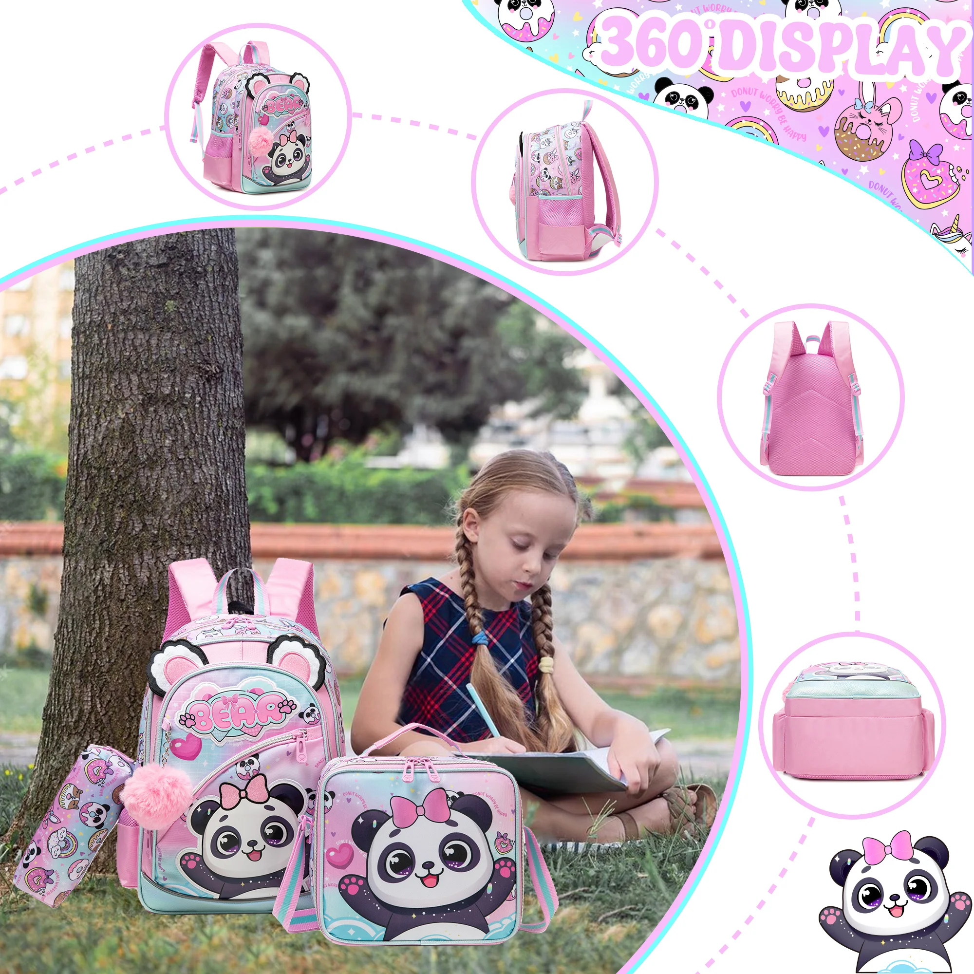 Meetbelify Backpack for Girls Cute Panda School Bag with Lunch Box for Elementary Student Kids Bookbag for Girls