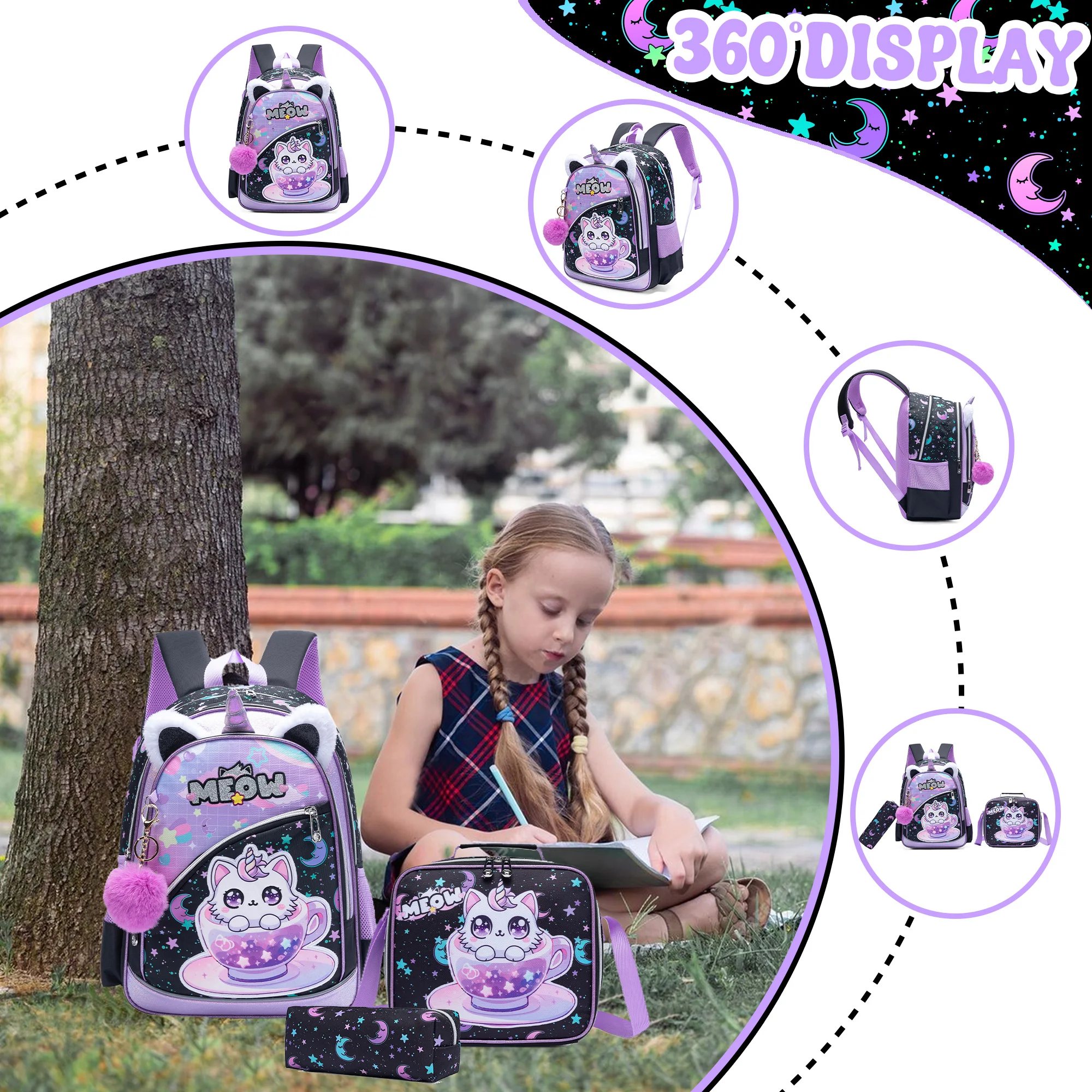 Meetbelify Backpack for Girls Cute Panda School Bag with Lunch Box for Elementary Student Kids Bookbag for Girls
