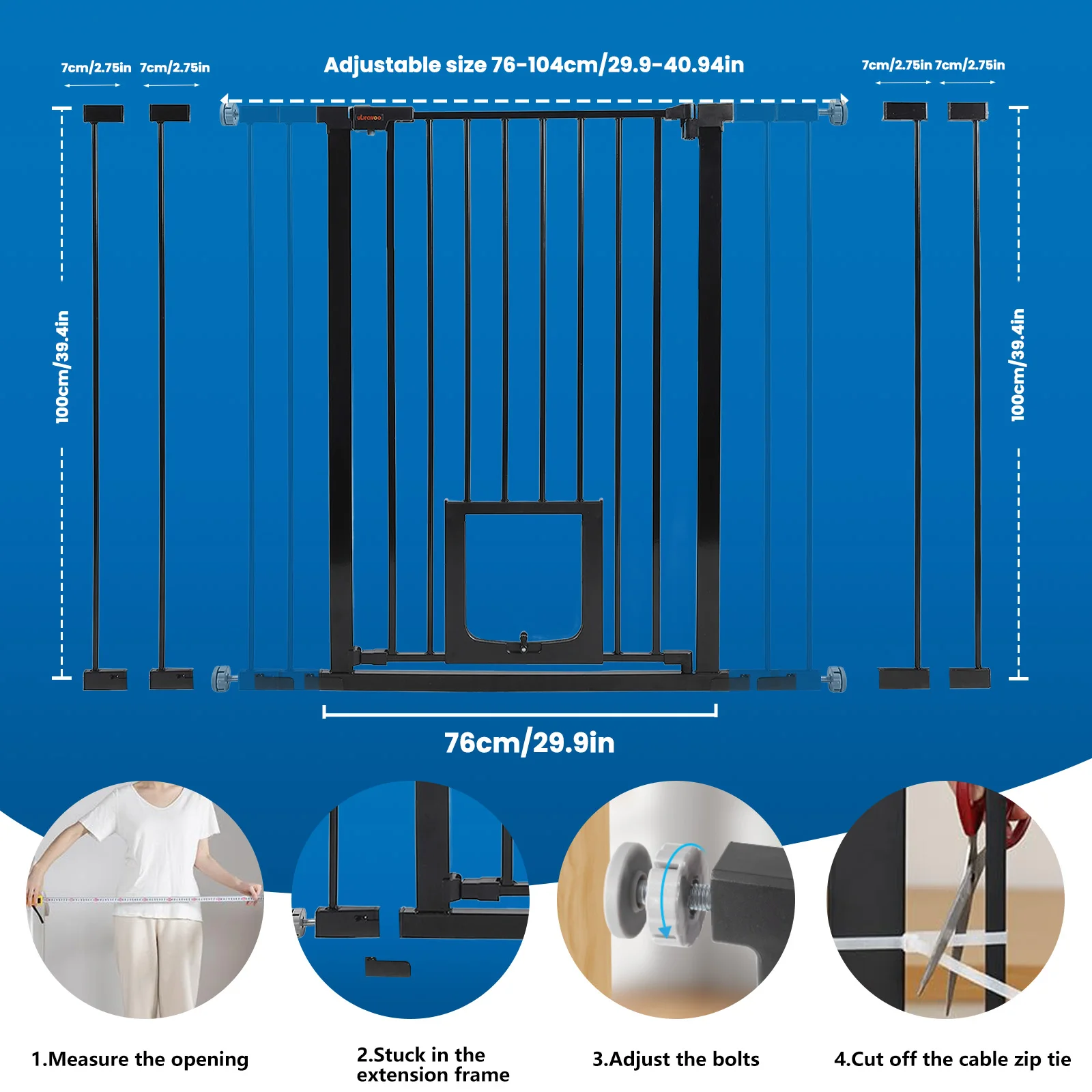 Baby Gate for Doors and Stairs, Pressure Mounting, No Drilling, Automatic Closing Metal Door Safety Gate for Children and Pets