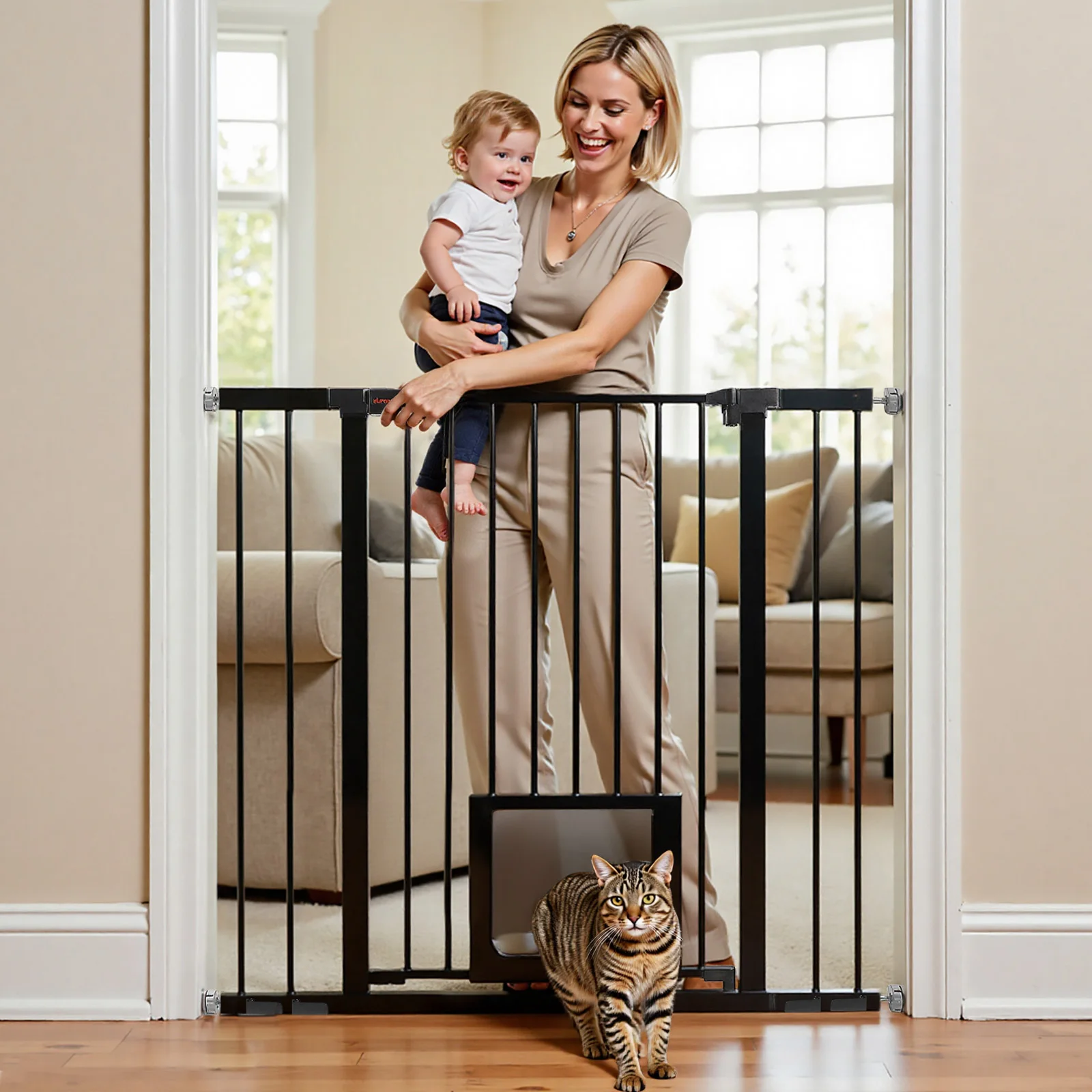 Baby Gate for Doors and Stairs, Pressure Mounting, No Drilling, Automatic Closing Metal Door Safety Gate for Children and Pets