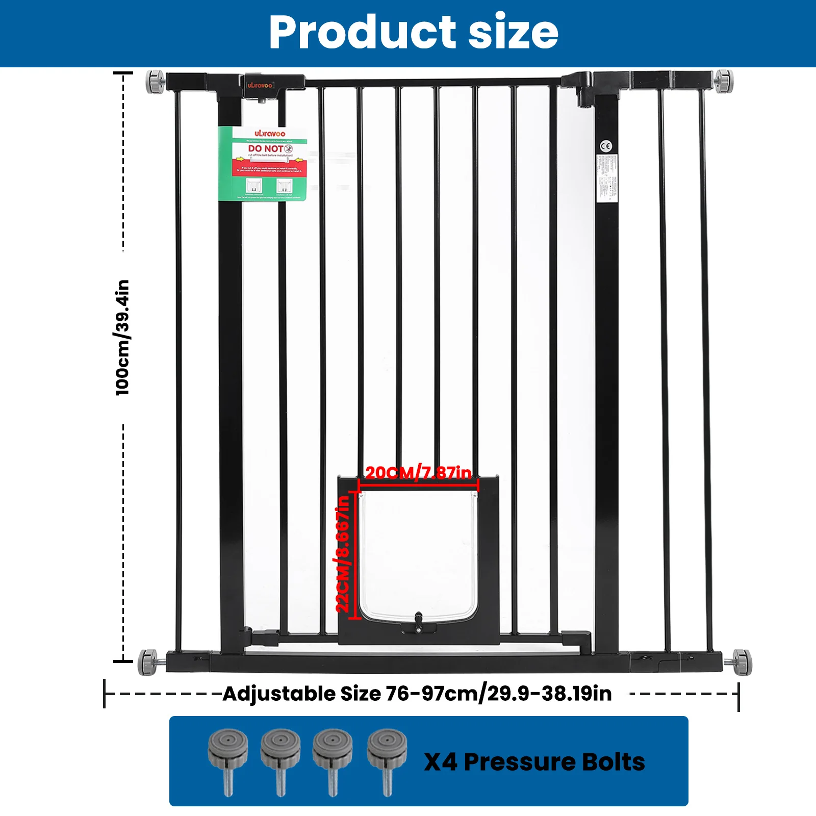Baby Gate for Doors and Stairs, Pressure Mounting, No Drilling, Automatic Closing Metal Door Safety Gate for Children and Pets