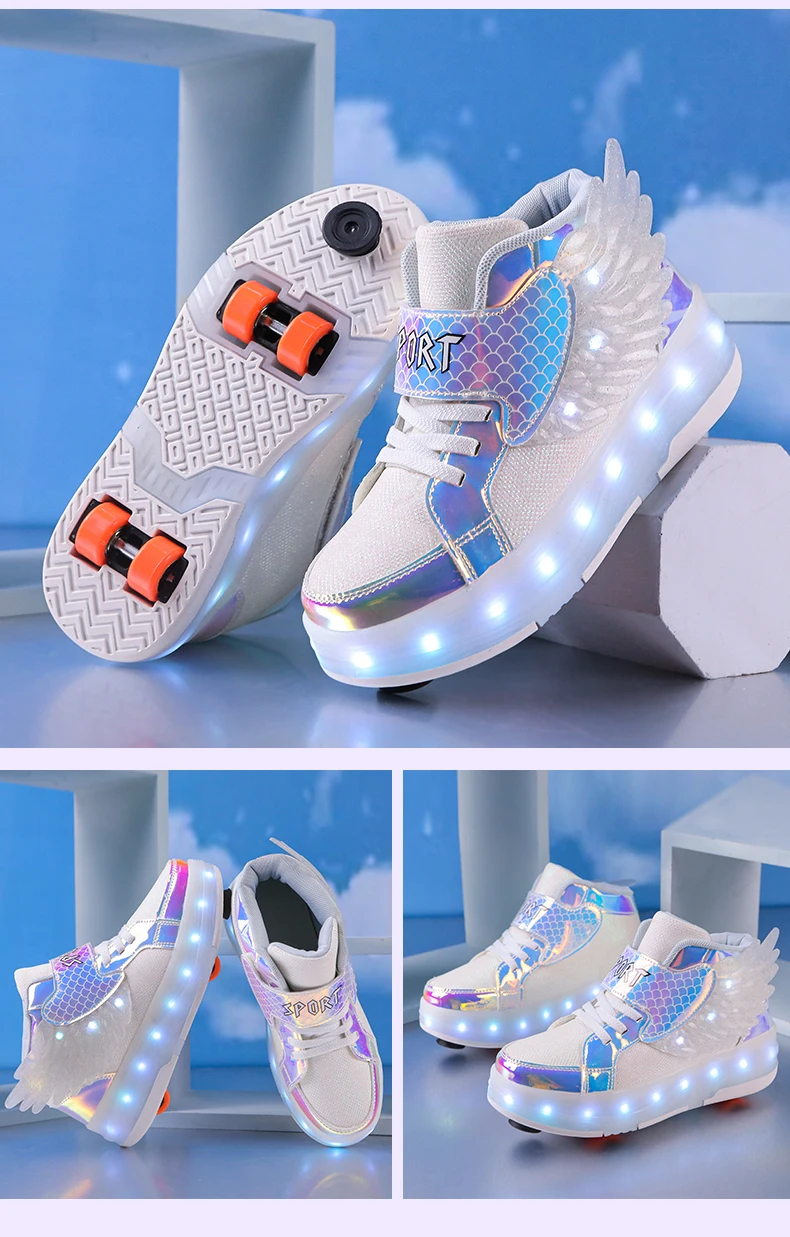 Roller Sneakers Kid Sport Gym Footwear Roller Skates 4 Wheels USB Charge Illuminated Shoes Boys Girls Casual Skateboard Shoes