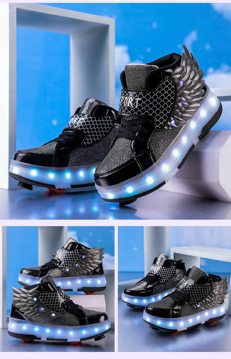 Roller Sneakers Kid Sport Gym Footwear Roller Skates 4 Wheels USB Charge Illuminated Shoes Boys Girls Casual Skateboard Shoes