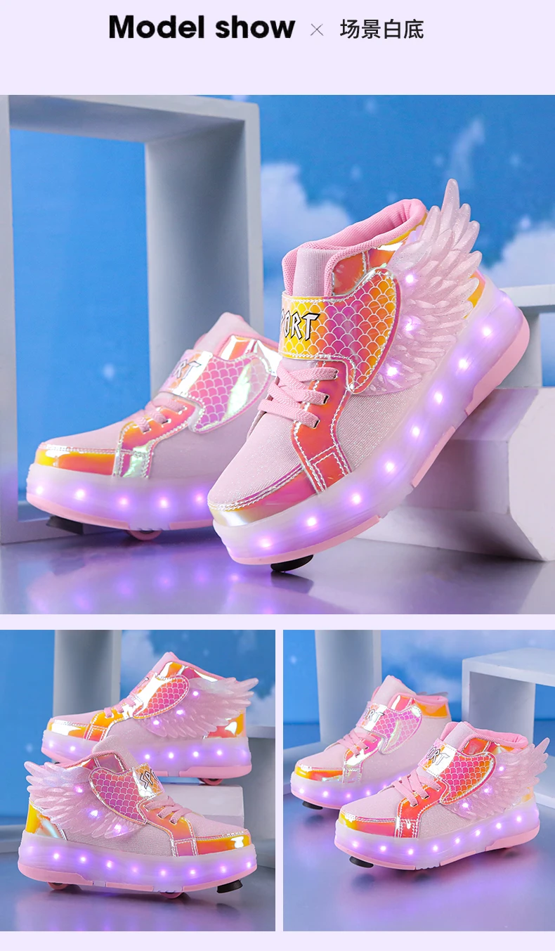 Roller Sneakers Kid Sport Gym Footwear Roller Skates 4 Wheels USB Charge Illuminated Shoes Boys Girls Casual Skateboard Shoes