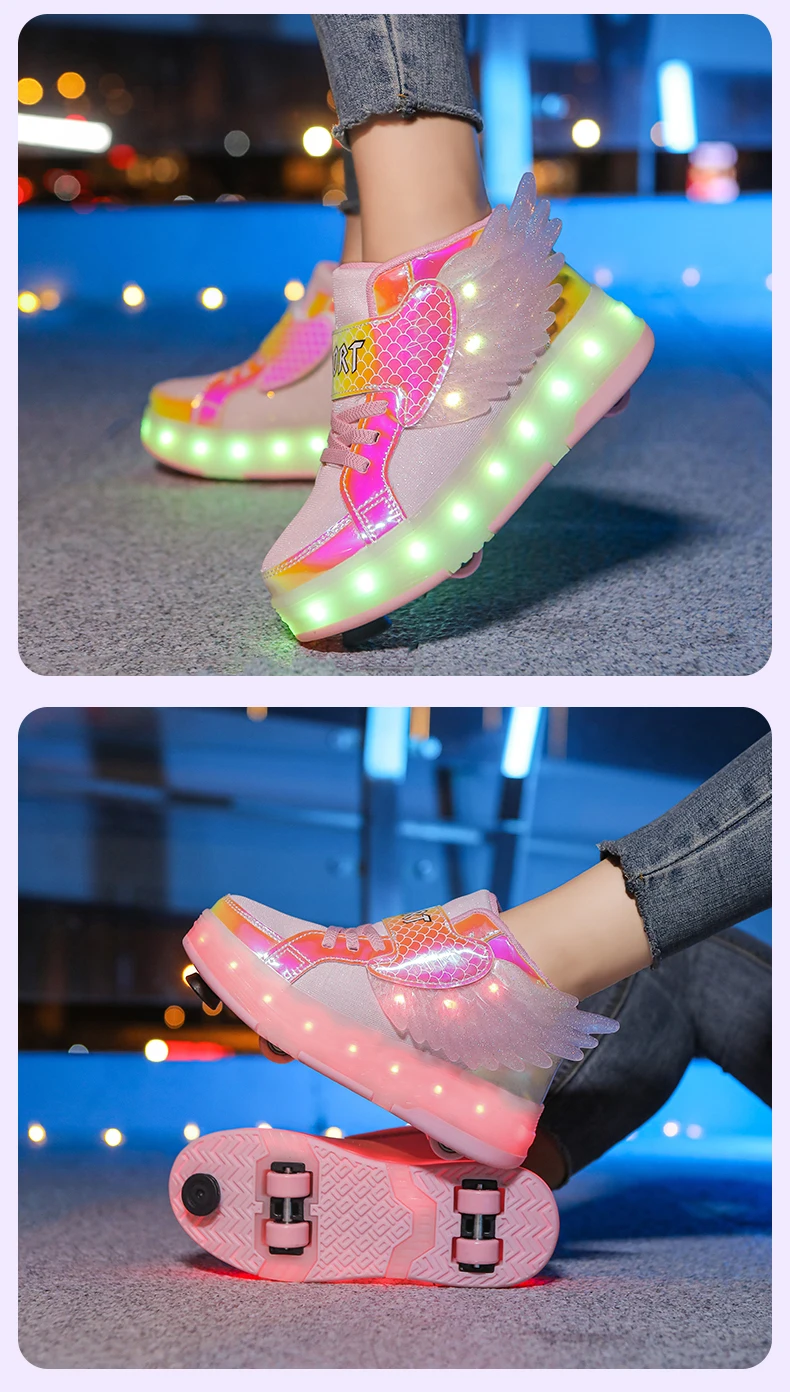Roller Sneakers Kid Sport Gym Footwear Roller Skates 4 Wheels USB Charge Illuminated Shoes Boys Girls Casual Skateboard Shoes