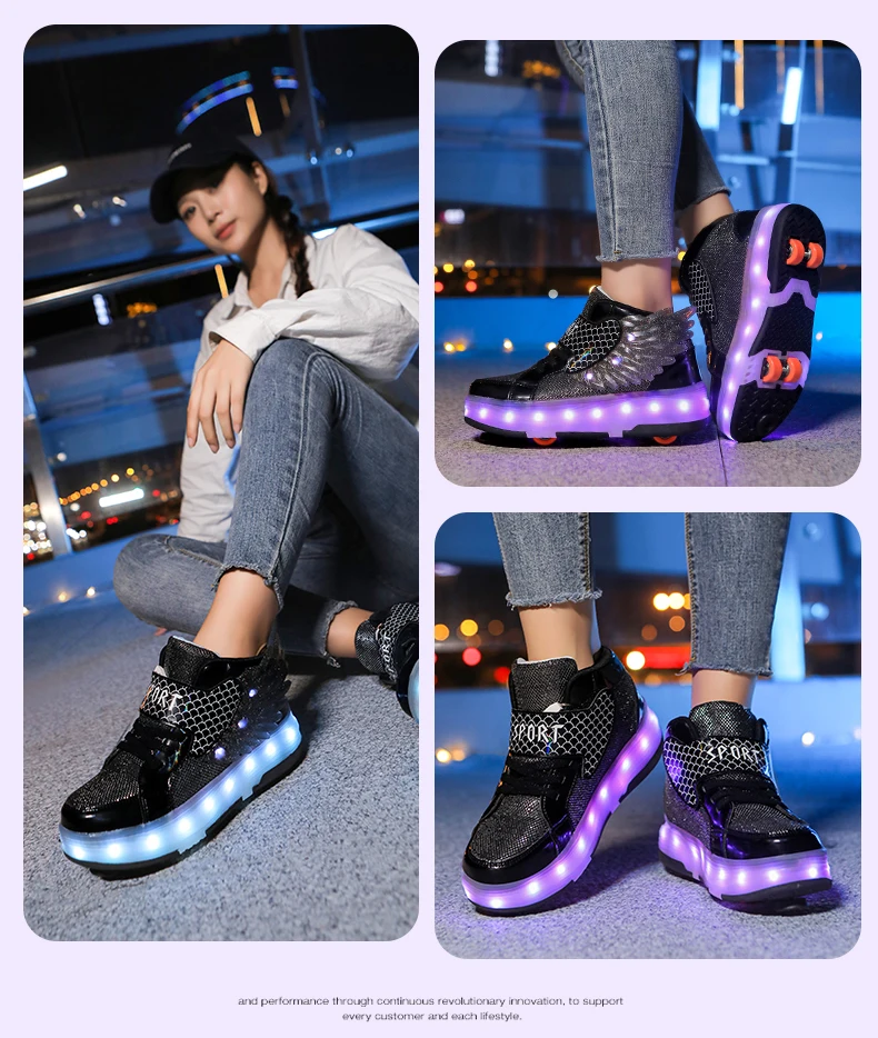 Roller Sneakers Kid Sport Gym Footwear Roller Skates 4 Wheels USB Charge Illuminated Shoes Boys Girls Casual Skateboard Shoes