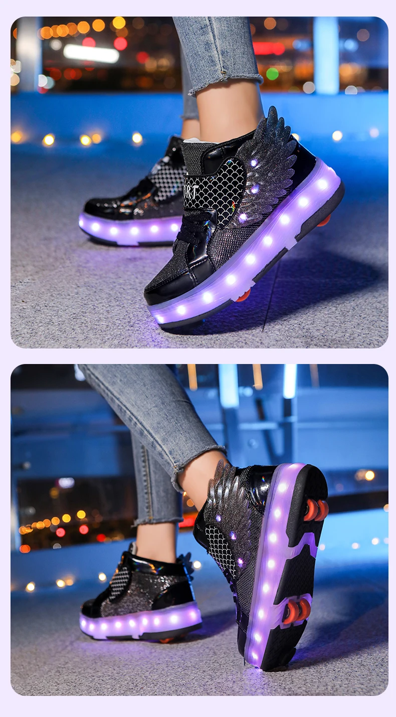 Roller Sneakers Kid Sport Gym Footwear Roller Skates 4 Wheels USB Charge Illuminated Shoes Boys Girls Casual Skateboard Shoes