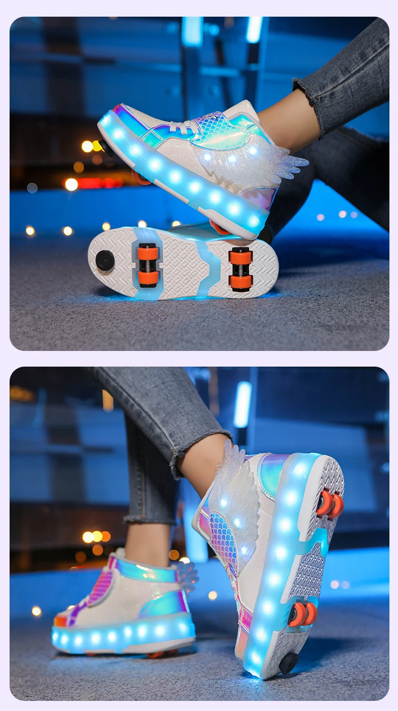 Roller Sneakers Kid Sport Gym Footwear Roller Skates 4 Wheels USB Charge Illuminated Shoes Boys Girls Casual Skateboard Shoes