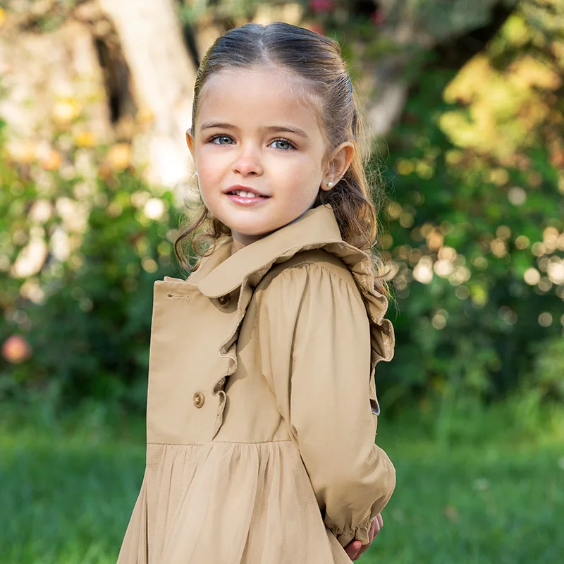 Dave Bella Children's Jacket Autumn Spring Trench Coats For Teenage Girls Sweet Khaki Top Soft Outerwear Kids Clothing DB1250437