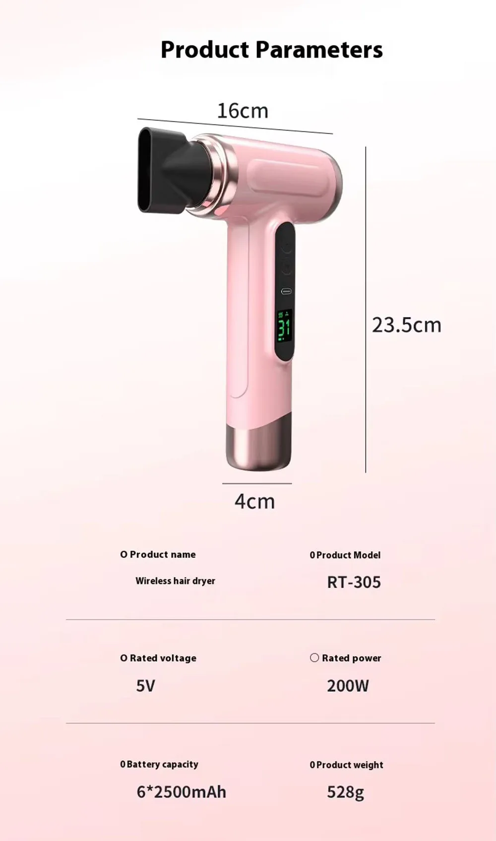 Portable Hair Dryer USB Charging Hot and Cold Air Hair Dryer Cordless Lightweight with Nozzle for Travel Student Dormitory