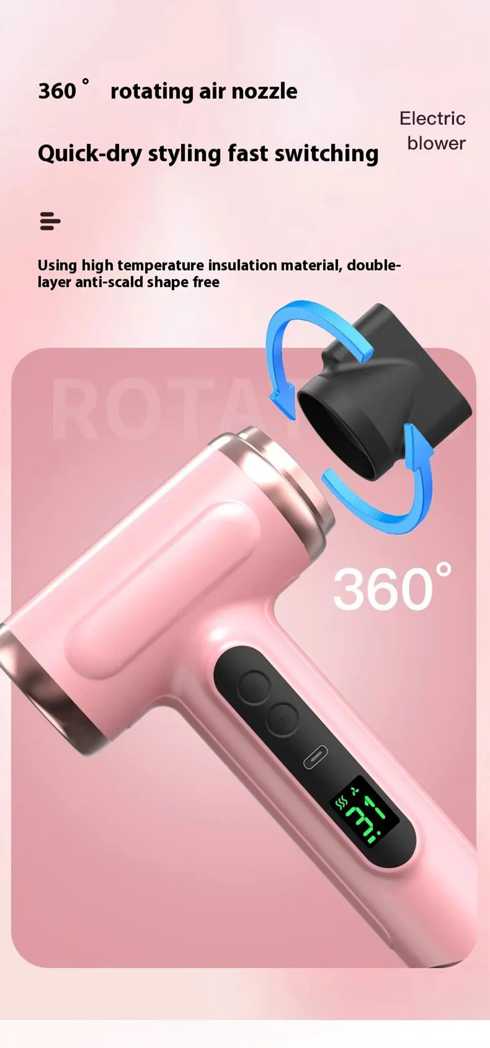 Portable Hair Dryer USB Charging Hot and Cold Air Hair Dryer Cordless Lightweight with Nozzle for Travel Student Dormitory
