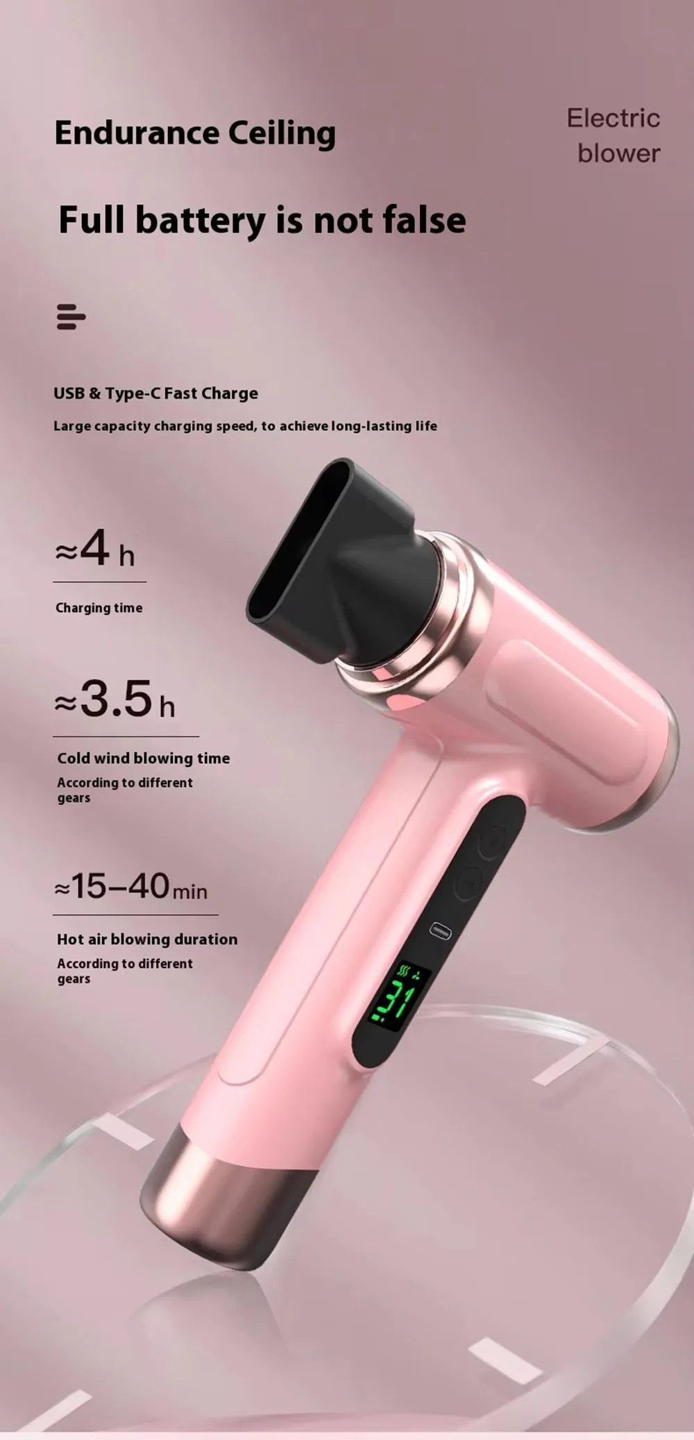 Portable Hair Dryer USB Charging Hot and Cold Air Hair Dryer Cordless Lightweight with Nozzle for Travel Student Dormitory