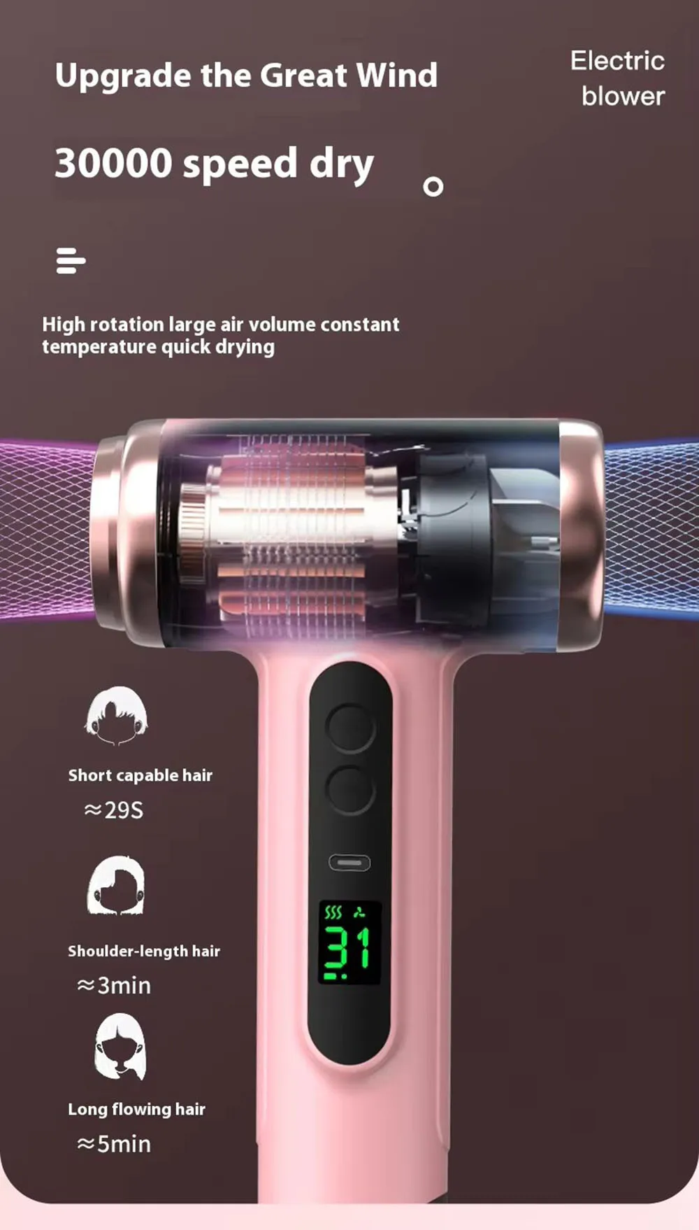 Portable Hair Dryer USB Charging Hot and Cold Air Hair Dryer Cordless Lightweight with Nozzle for Travel Student Dormitory