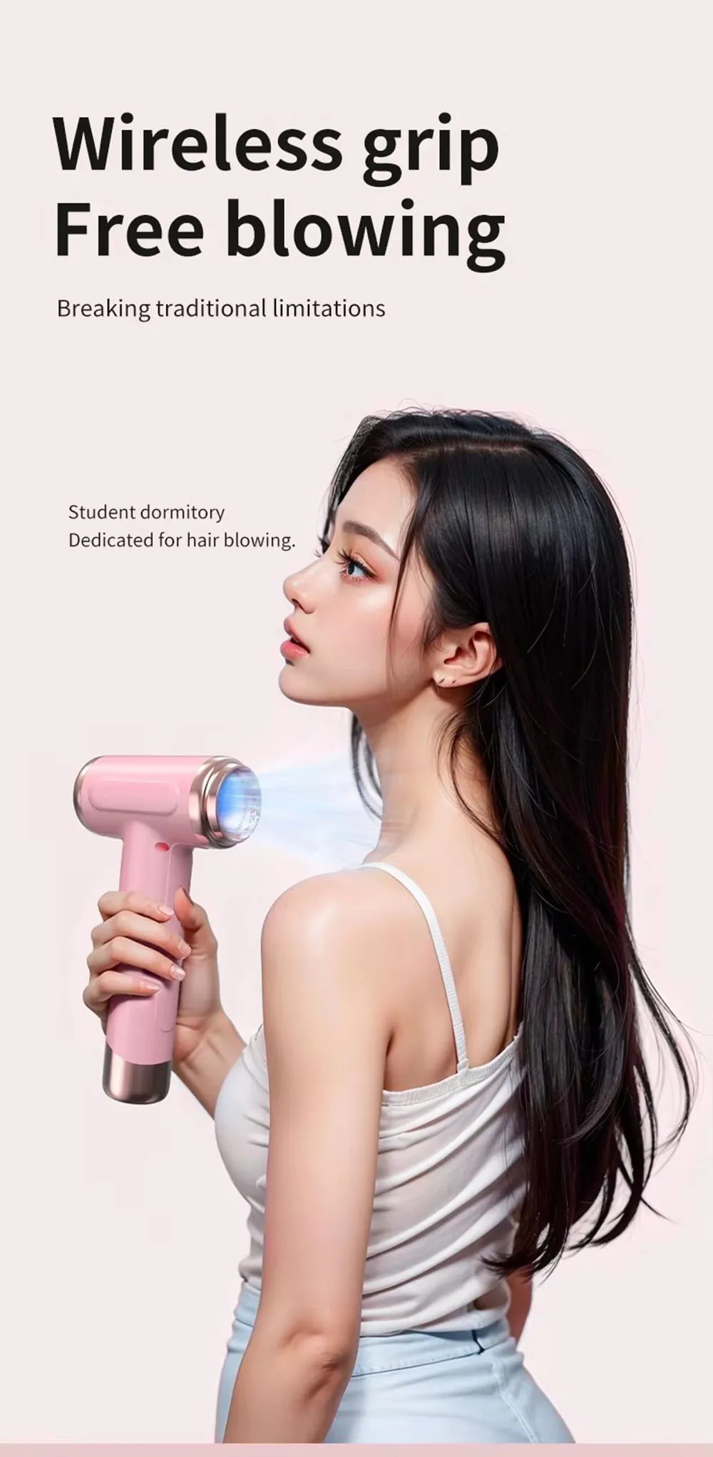 Portable Hair Dryer USB Charging Hot and Cold Air Hair Dryer Cordless Lightweight with Nozzle for Travel Student Dormitory