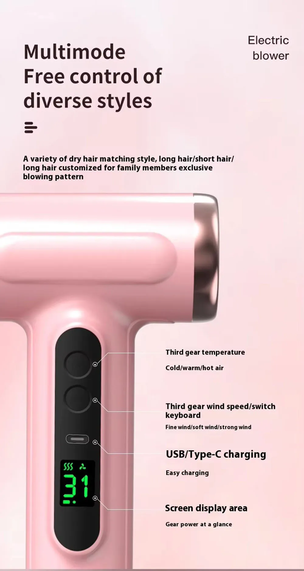 Portable Hair Dryer USB Charging Hot and Cold Air Hair Dryer Cordless Lightweight with Nozzle for Travel Student Dormitory