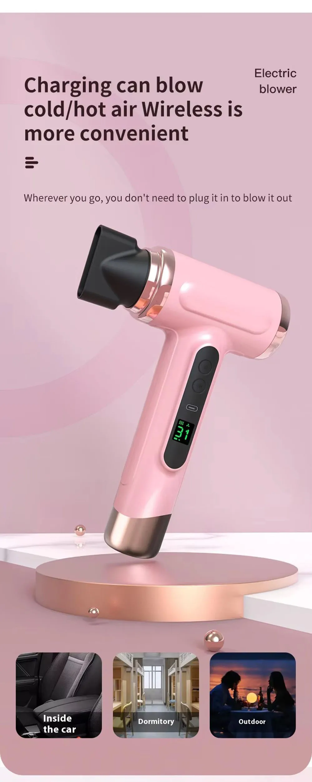 Portable Hair Dryer USB Charging Hot and Cold Air Hair Dryer Cordless Lightweight with Nozzle for Travel Student Dormitory