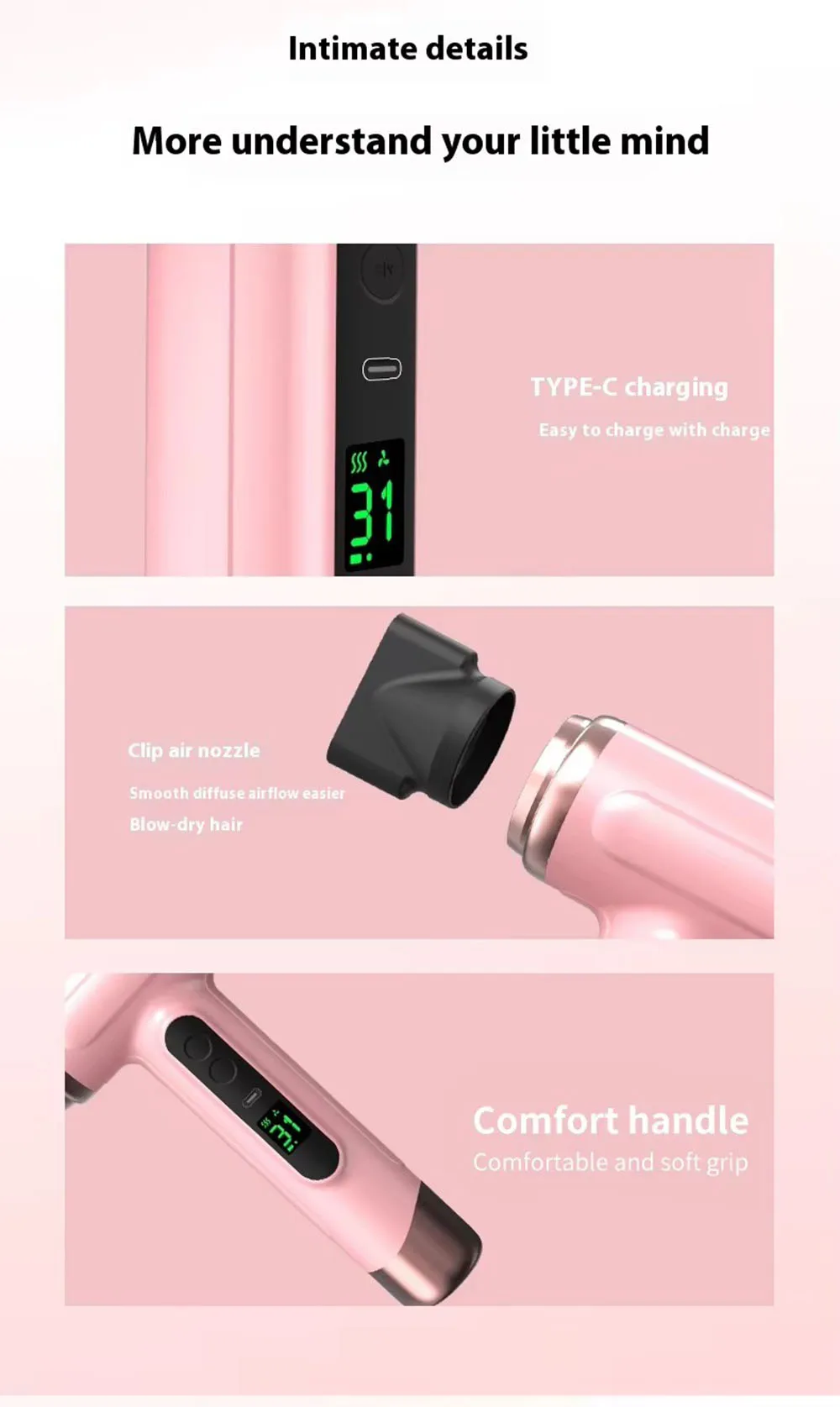 Portable Hair Dryer USB Charging Hot and Cold Air Hair Dryer Cordless Lightweight with Nozzle for Travel Student Dormitory