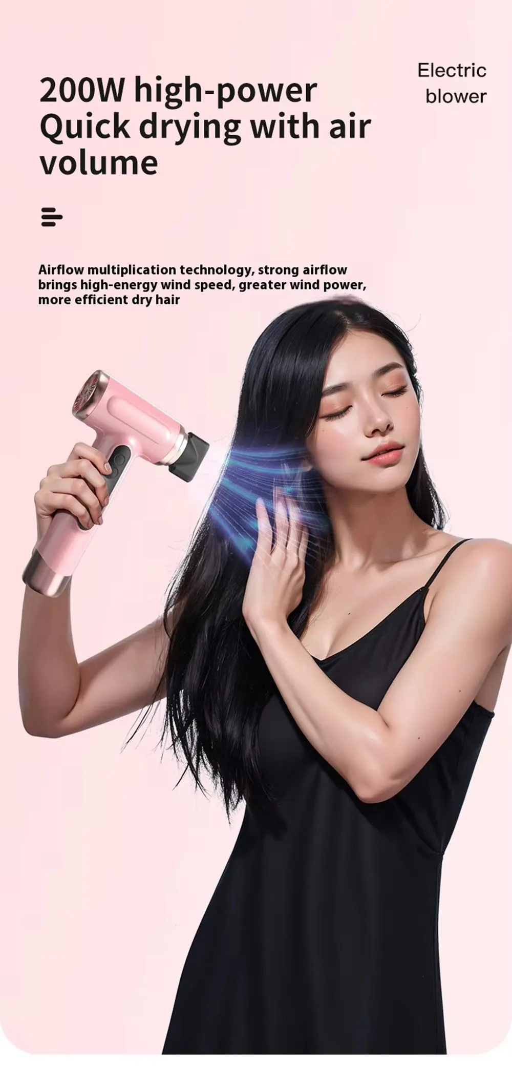 Portable Hair Dryer USB Charging Hot and Cold Air Hair Dryer Cordless Lightweight with Nozzle for Travel Student Dormitory