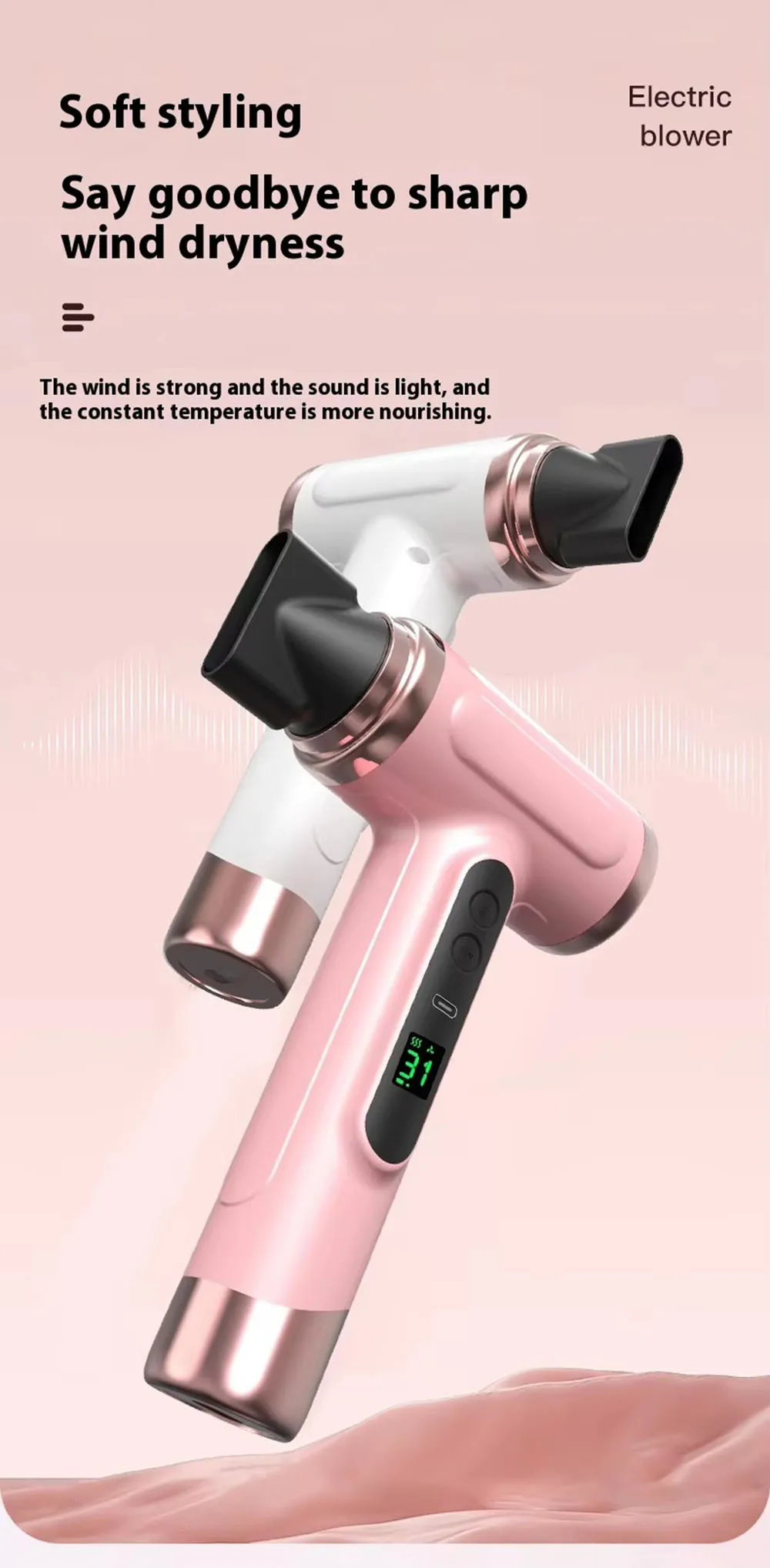 Portable Hair Dryer USB Charging Hot and Cold Air Hair Dryer Cordless Lightweight with Nozzle for Travel Student Dormitory