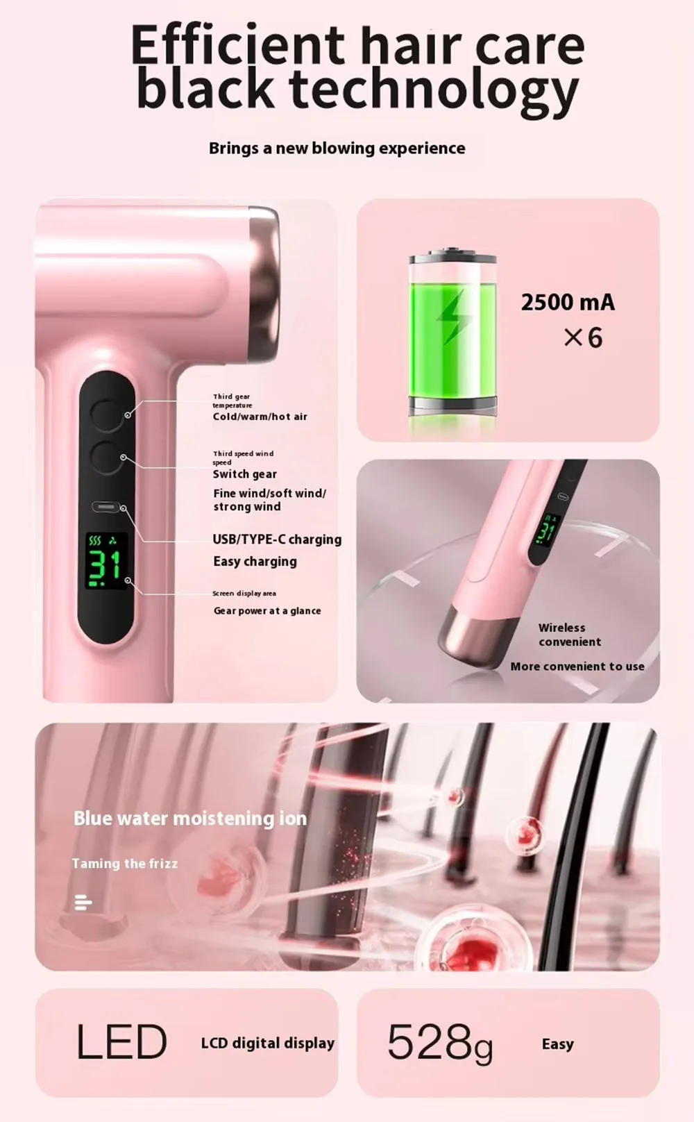 Portable Hair Dryer USB Charging Hot and Cold Air Hair Dryer Cordless Lightweight with Nozzle for Travel Student Dormitory