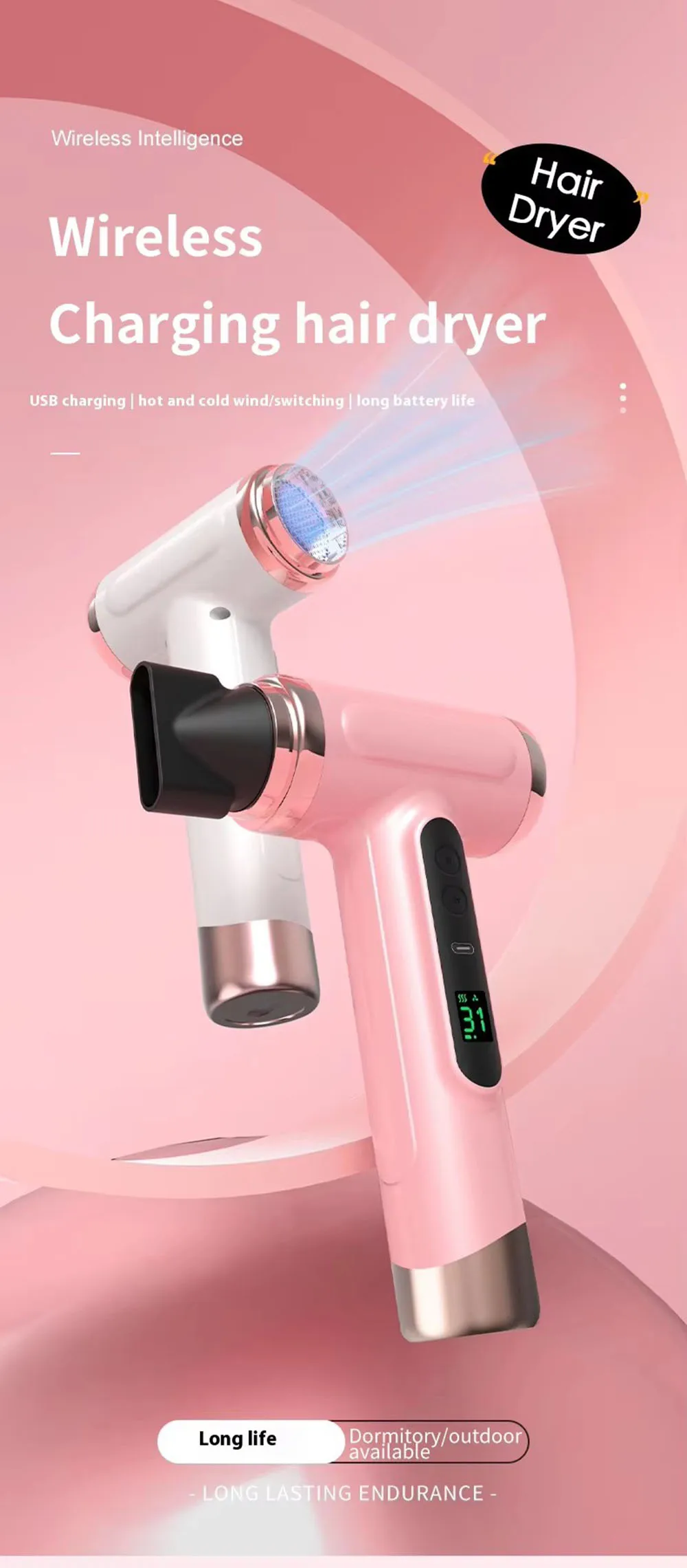 Portable Hair Dryer USB Charging Hot and Cold Air Hair Dryer Cordless Lightweight with Nozzle for Travel Student Dormitory
