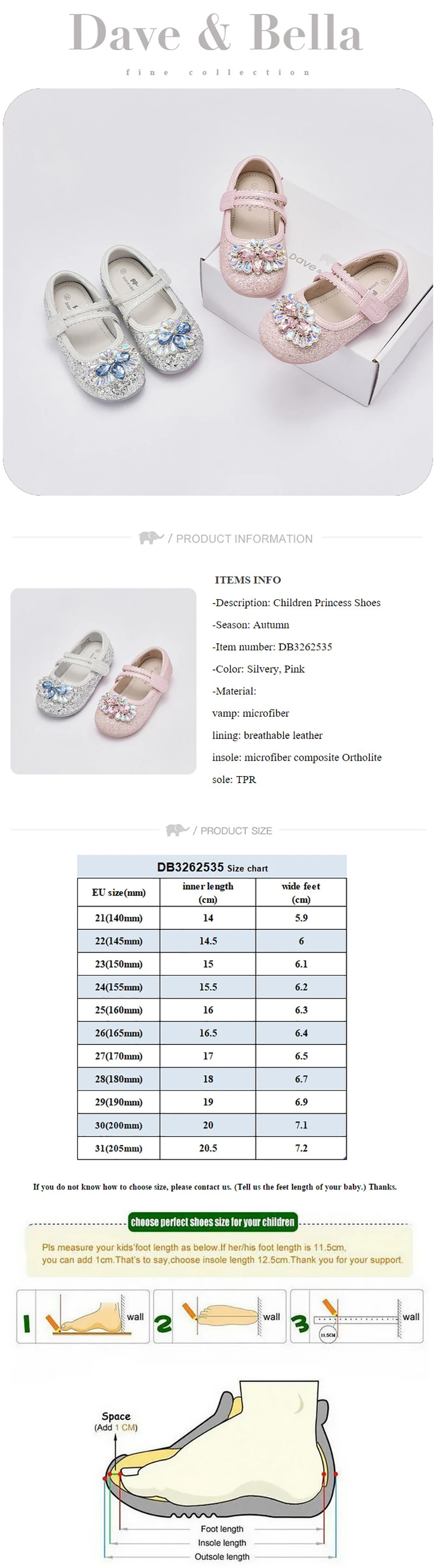 Dave Bella Children Autumn Leather Shoes Girls Princess Shoes Sparkling Crystal Kids Shoes Gentle Sweet Party Casual DB3262535