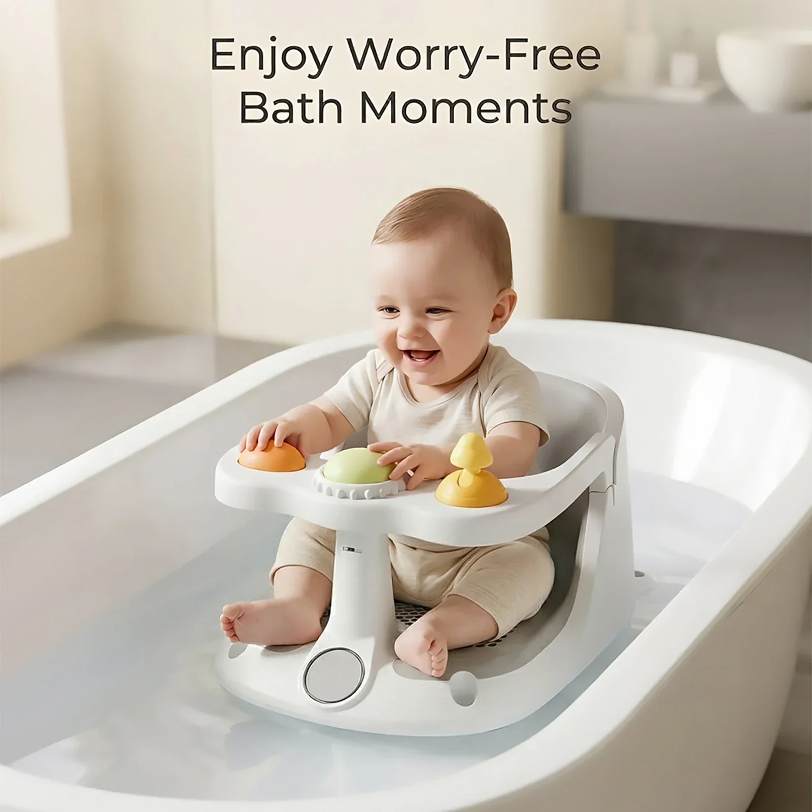 Baby Bath Seat with Interactive Toys, Non-Slip Suction Cups, Breathable Mesh, for Sit-Up Babies, 6-36 Months Easy to Clean