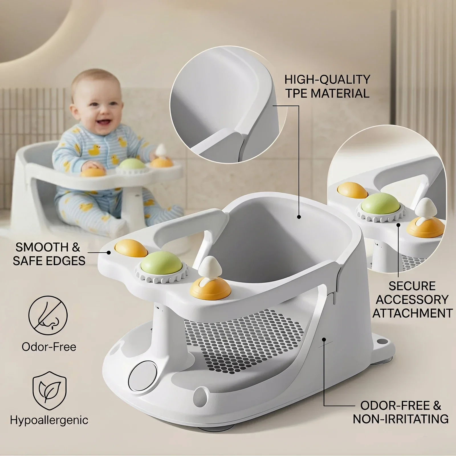 Baby Bath Seat with Interactive Toys, Non-Slip Suction Cups, Breathable Mesh, for Sit-Up Babies, 6-36 Months Easy to Clean