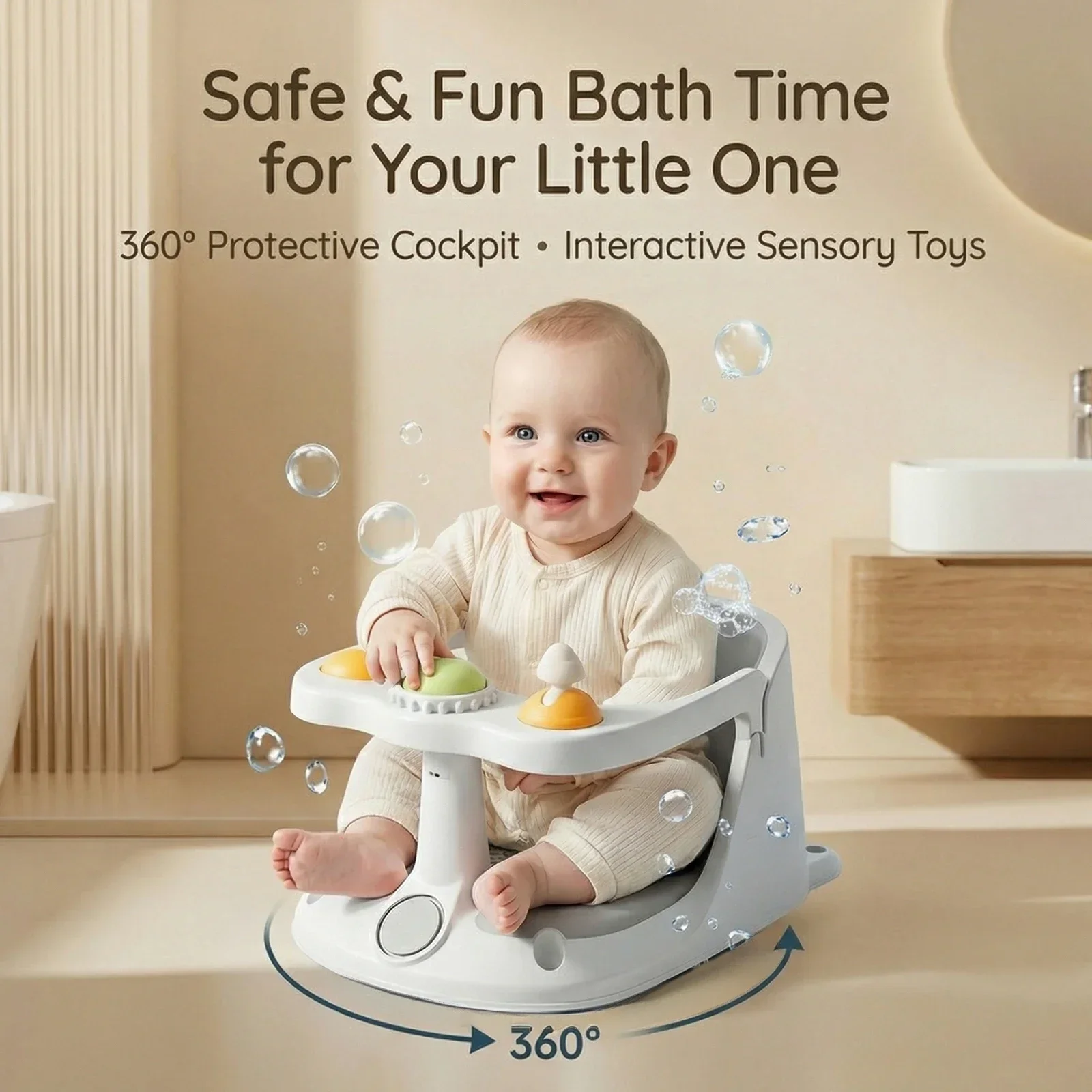 Baby Bath Seat with Interactive Toys, Non-Slip Suction Cups, Breathable Mesh, for Sit-Up Babies, 6-36 Months Easy to Clean