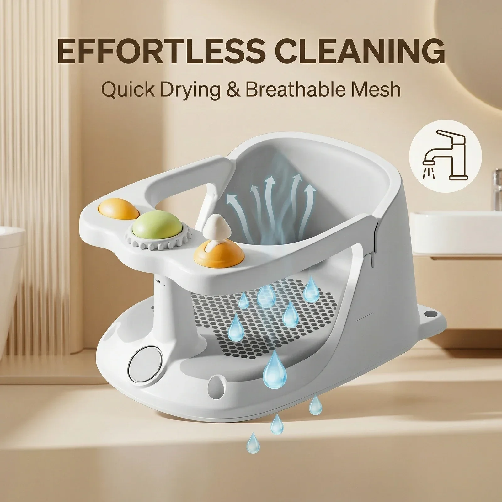 Baby Bath Seat with Interactive Toys, Non-Slip Suction Cups, Breathable Mesh, for Sit-Up Babies, 6-36 Months Easy to Clean