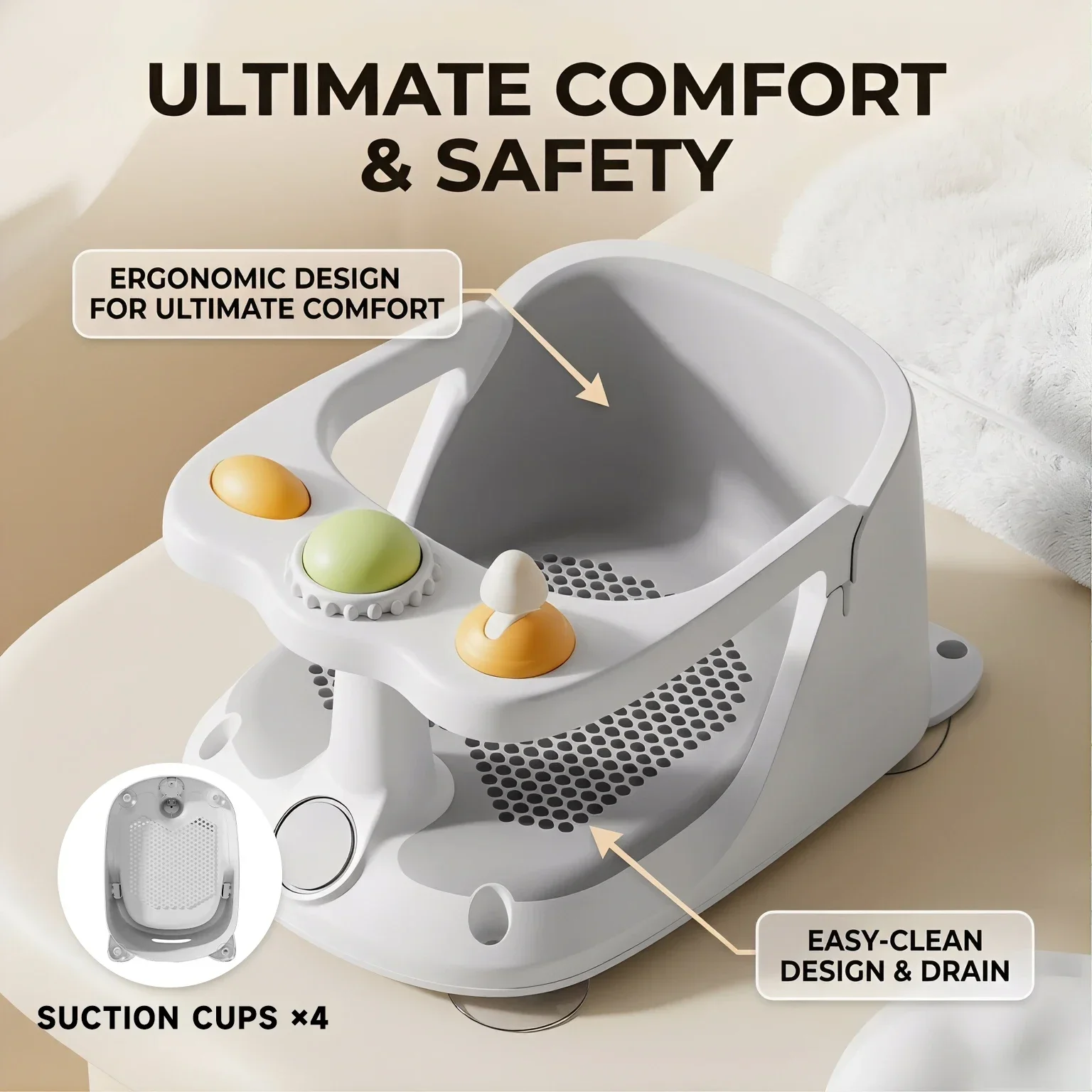 Baby Bath Seat with Interactive Toys, Non-Slip Suction Cups, Breathable Mesh, for Sit-Up Babies, 6-36 Months Easy to Clean