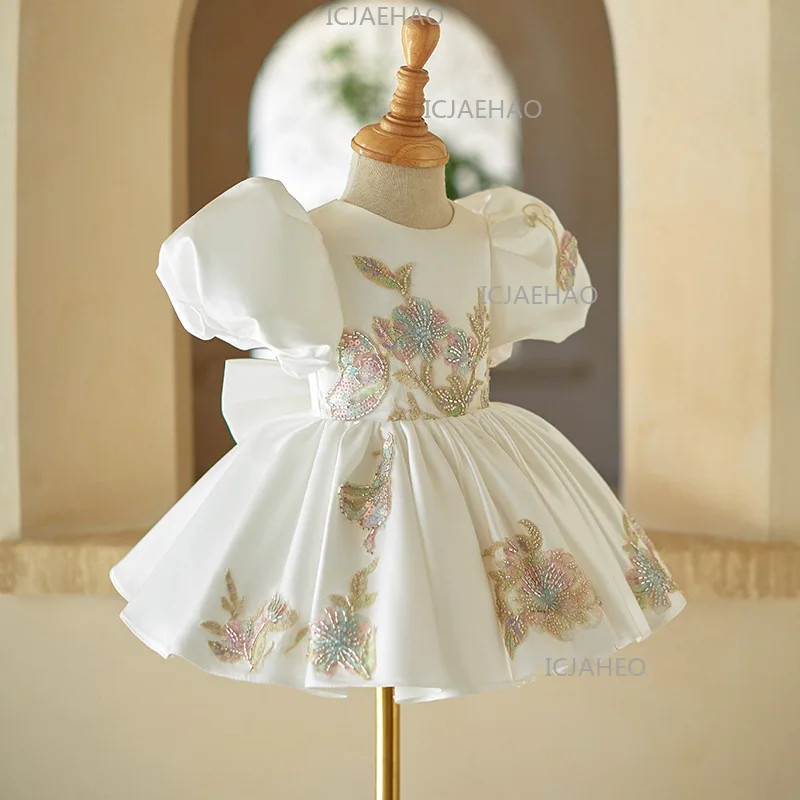 Baby Girl Birthday Party Infant Princess Dress Clothes Kids Flower Girl Wedding Host White Tutu Short Sleeve Costume Children